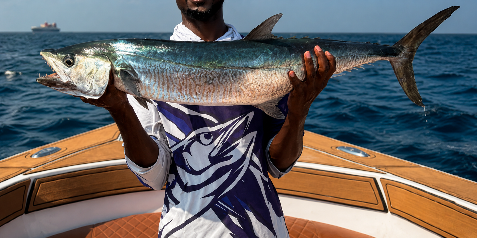 Angler holding up a trophy kingfish on the bow of the KingStrike boat
